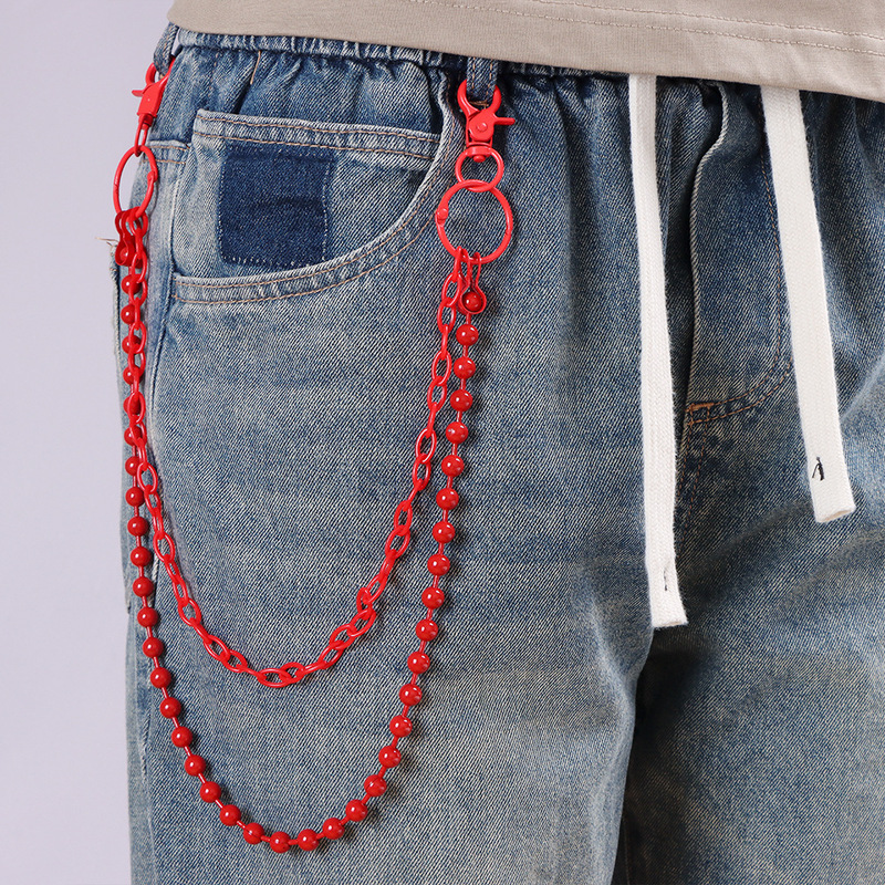 Girl Fashion Street - Bright Red Beaded Multi‑Layer Pants Chain