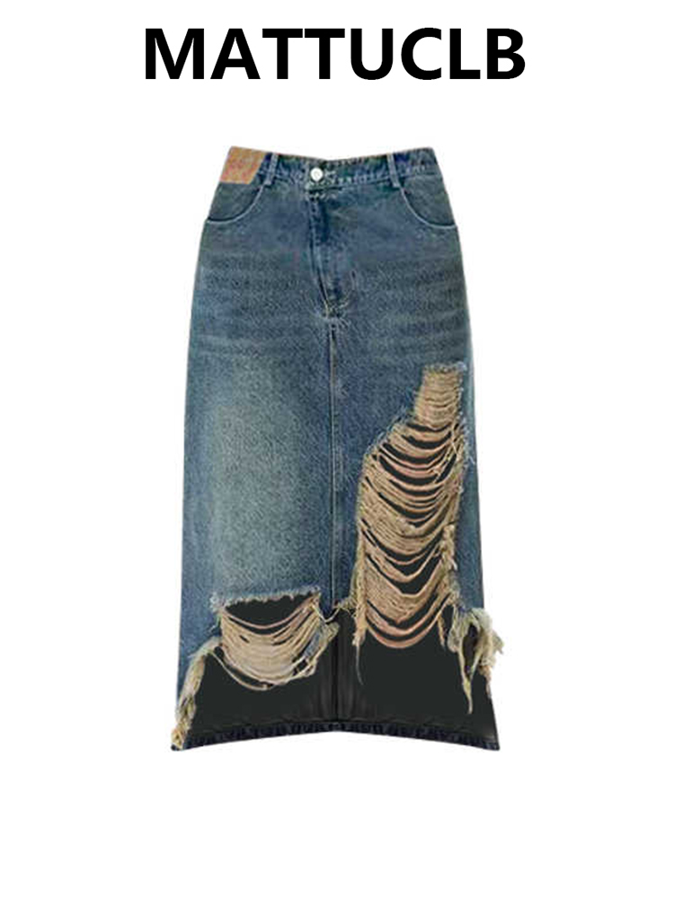 Street Fashion Denim - Women 2000s Midi Skirt Ripped Denim