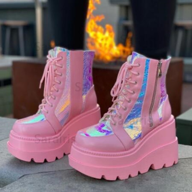 Street Fashion Punk - Women's Pink Holographic Platform Ankle Boots