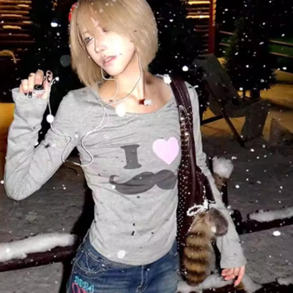Street Fashion Japan - Japanese Y2K Beard Print T-Shirt Vintage