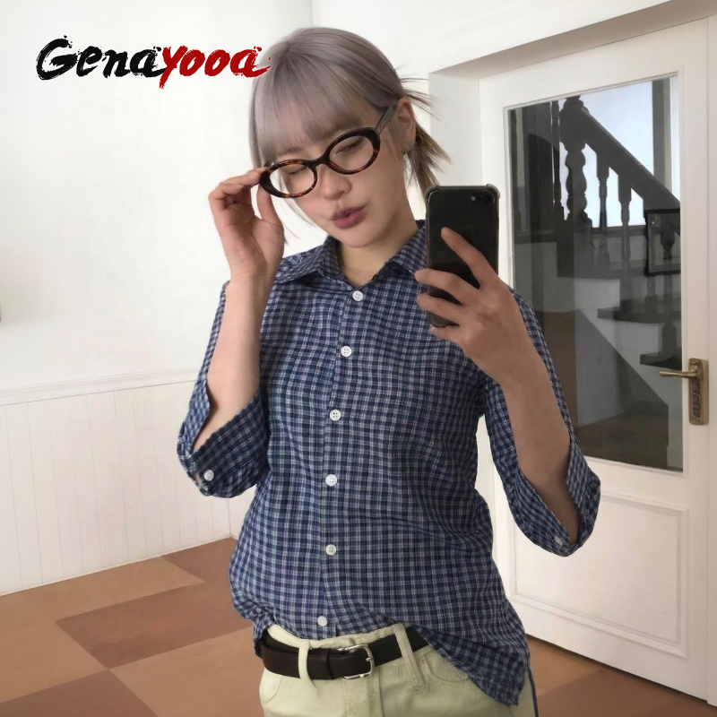 Street Fashion Japan - Genayooa Y2k Plaid Shirt Women Three