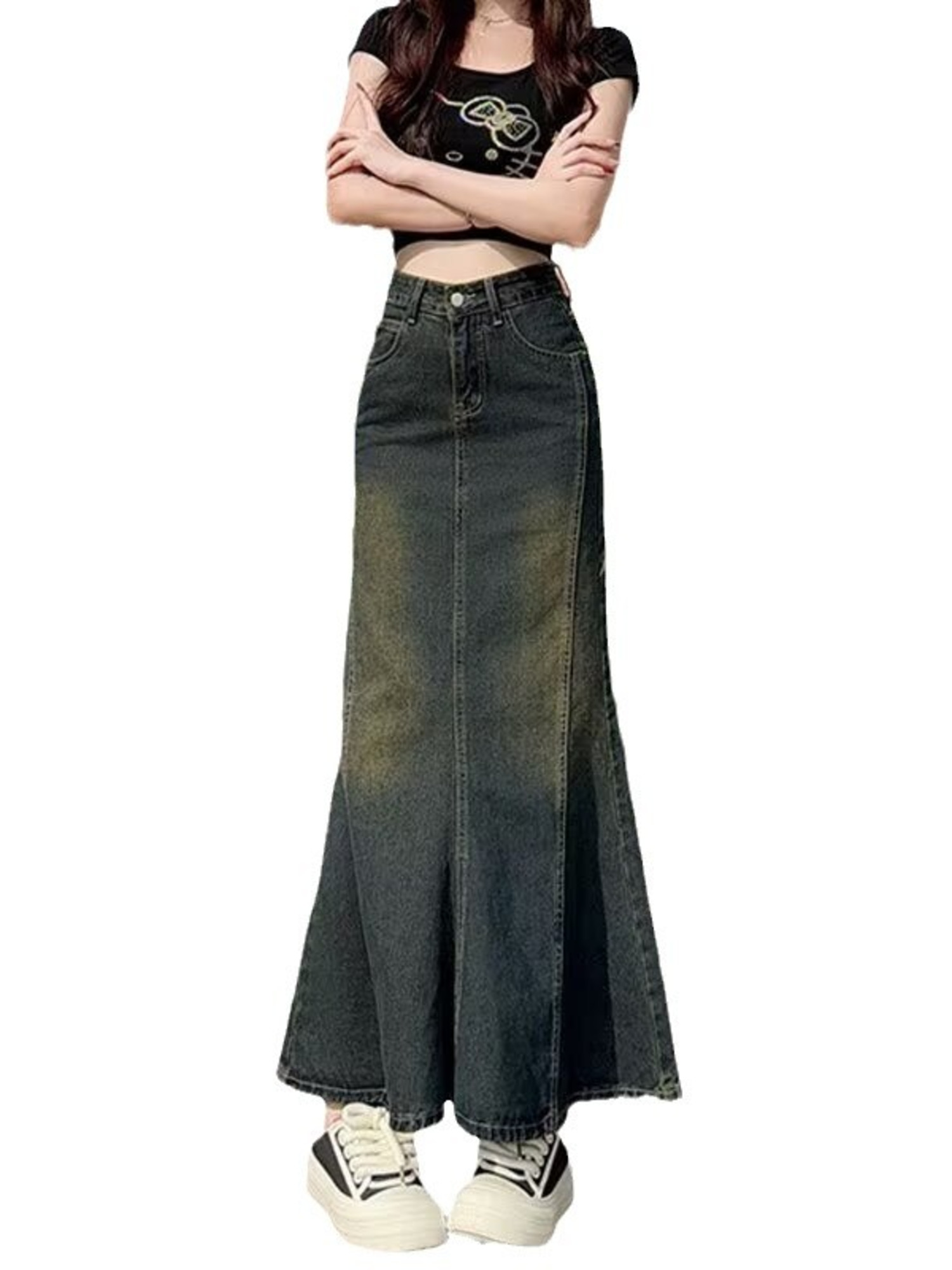 Street Fashion Denim - Women's Vintage Washed Denim Mermaid Maxi
