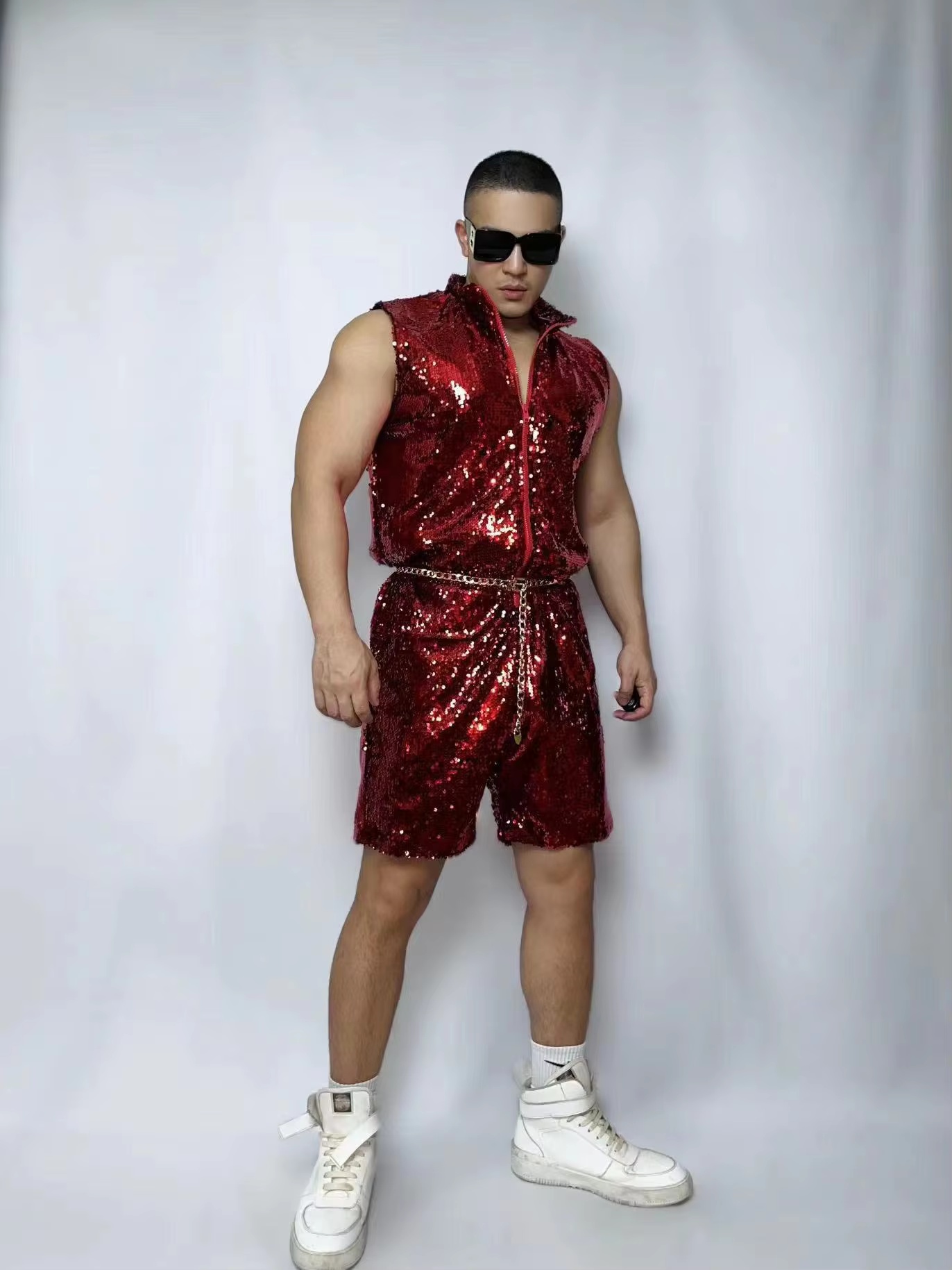 Street Fashion Show - Fashion Red Glitter Sequins Jumpsuit Hip